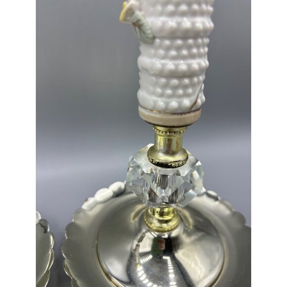 Vtg Table Lamp Set Floral Porcelain Leaded Crystal Table Electric - Picture 5 of 8